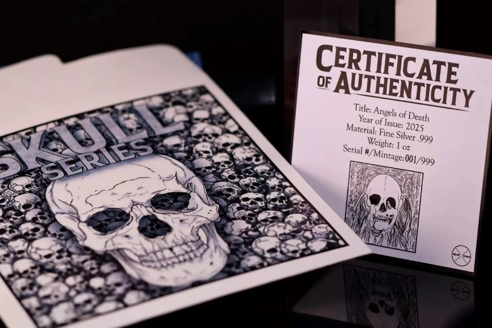 Picture of 2025 Silver Pours Skull Series 'Angels of Death' 1 oz Silver Card with Coa