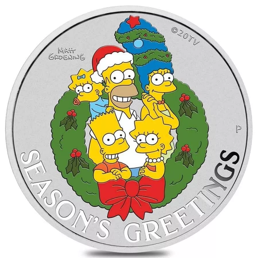 Picture of 2022 Perth Mint Simpsons Season's Greetings 1 oz Colorized Silver Coin - In Card