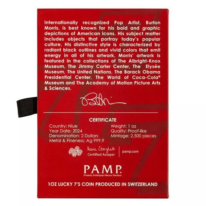 Picture of 2024 Pamp Suisse Burton Morris Lucky 7's Slot Machine 1 oz Colorized Silver Coin