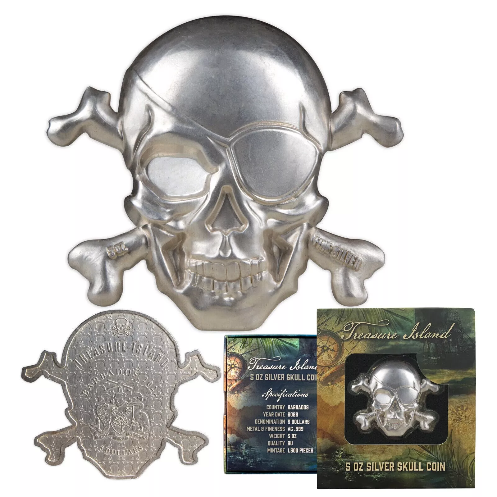 Picture of 2022 Treasure Island Pirate Skull & Cross Bones 5 oz Silver Coin - In Capsule
