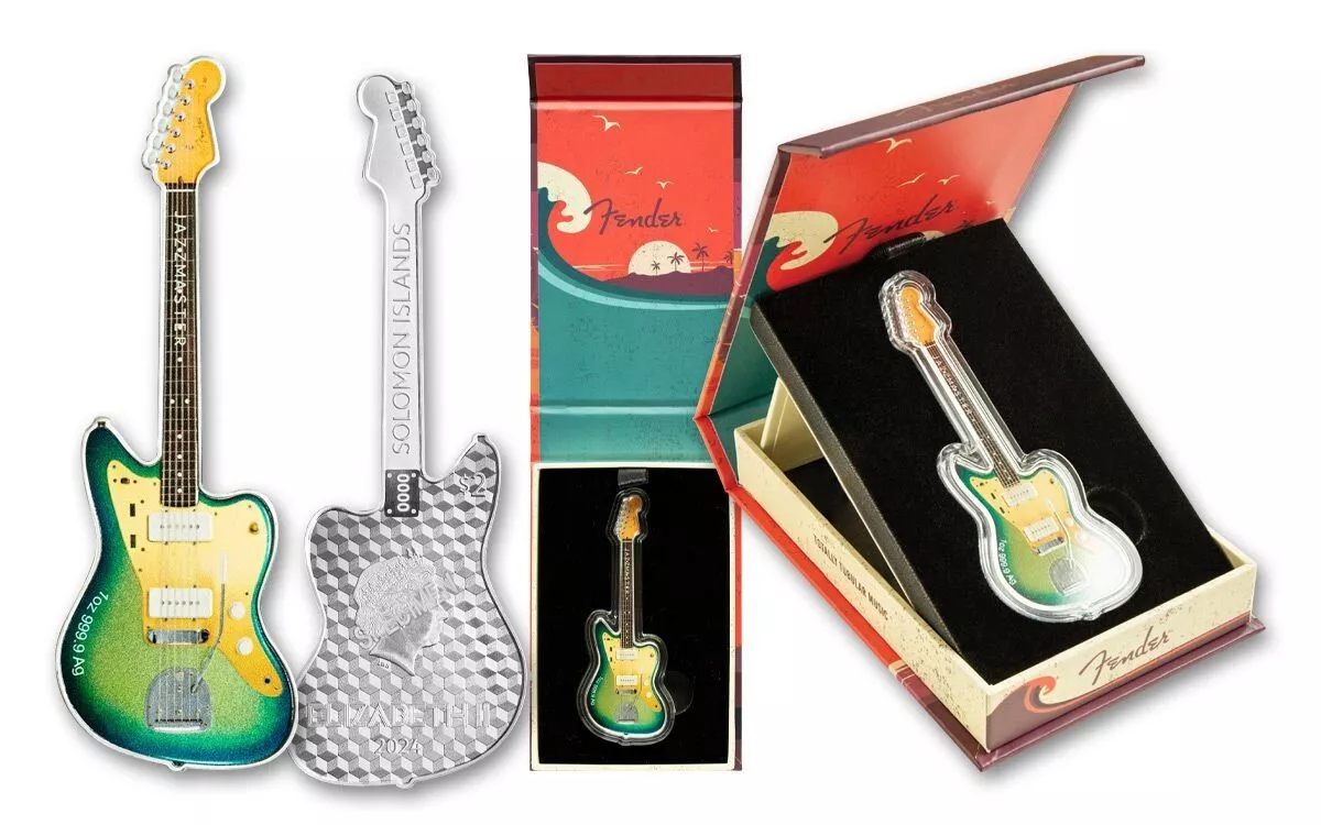 Picture of 2024 Pamp Suisse Fender Jazzmaster Guitar Shaped 1 oz Reverse Proof Silver Coin