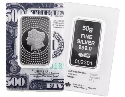 Picture of (Box of 25) 50 Gram Silver 2023 Pamp Suisse Morgan Tribute Bar - In Assay