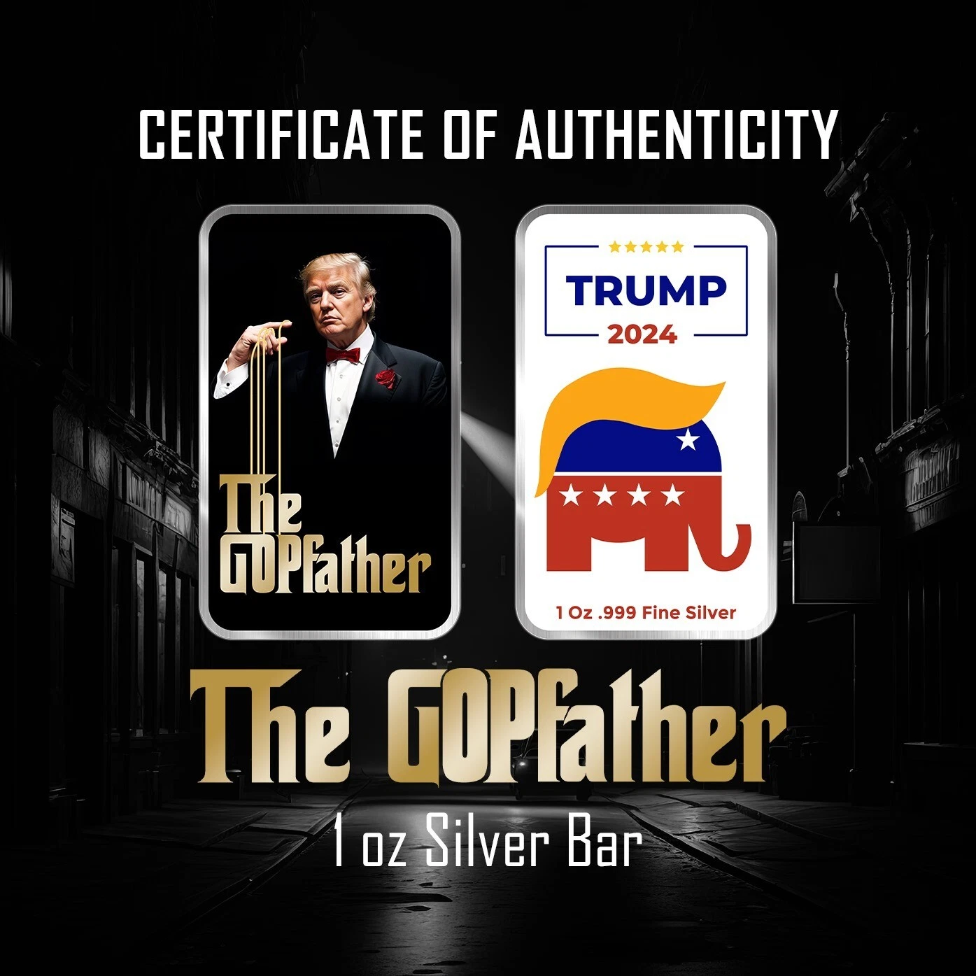 Picture of 2024 Alpha Omega Mint Gopfather Donald Trump 1 oz Two-Sided Colorized Bar