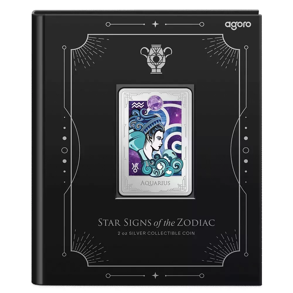 Picture of 2025 Agoro Star Signs of the Zodiac - Aquarius 2 oz Colorized Proof Silver Coin