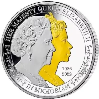 Picture of 2022 In Memoriam Queen Elizabeth Double Portrait 5 oz Gilded Proof Silver Coin