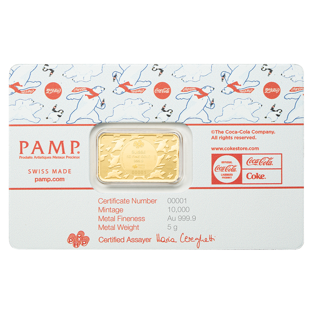 Picture of 2026 Pamp Coca Cola Polar Bear & Friends 5 Gram Gold Bar - In Assay w/Sleeve