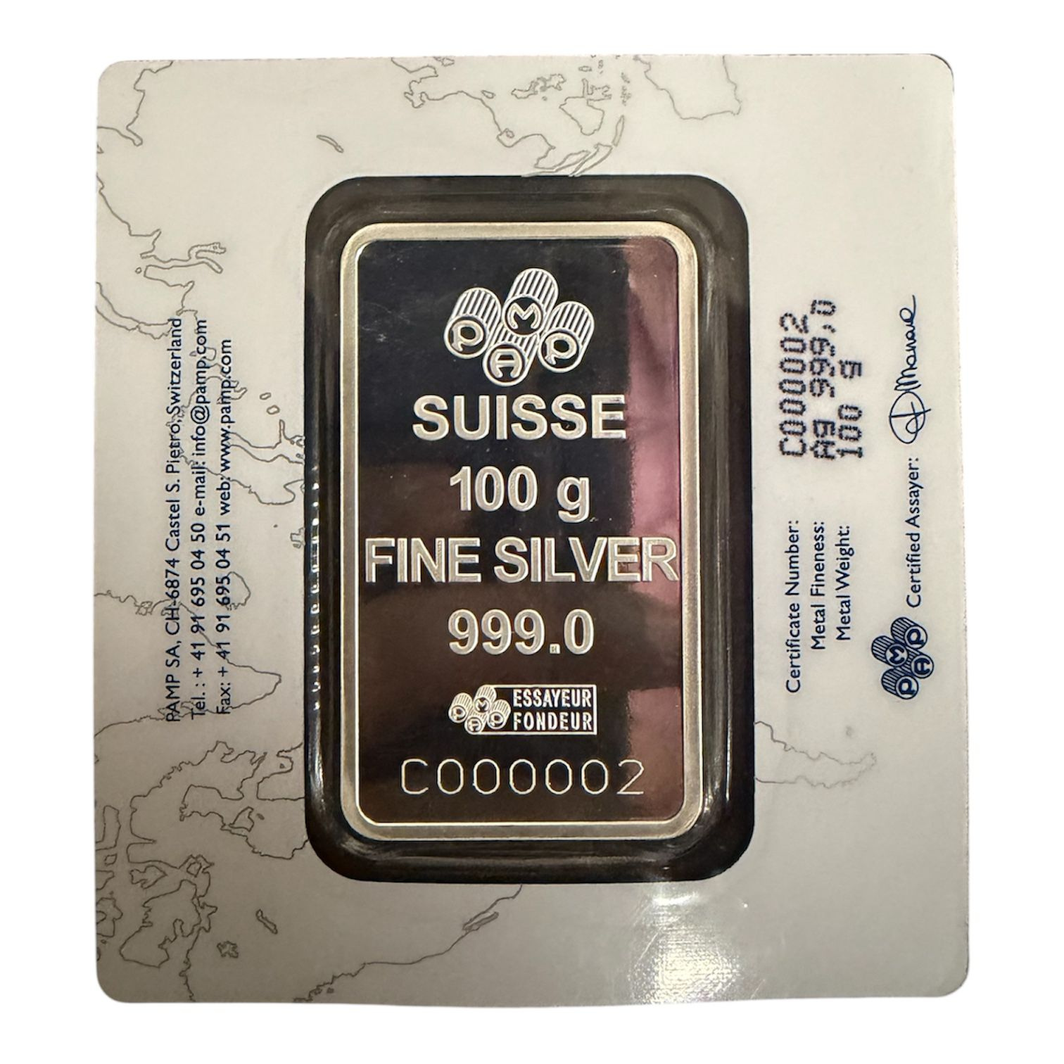 Picture of PAMP Rosa 100 Gram Silver Bar in Assay – Ultra Low Serial Number C000002 – Rare