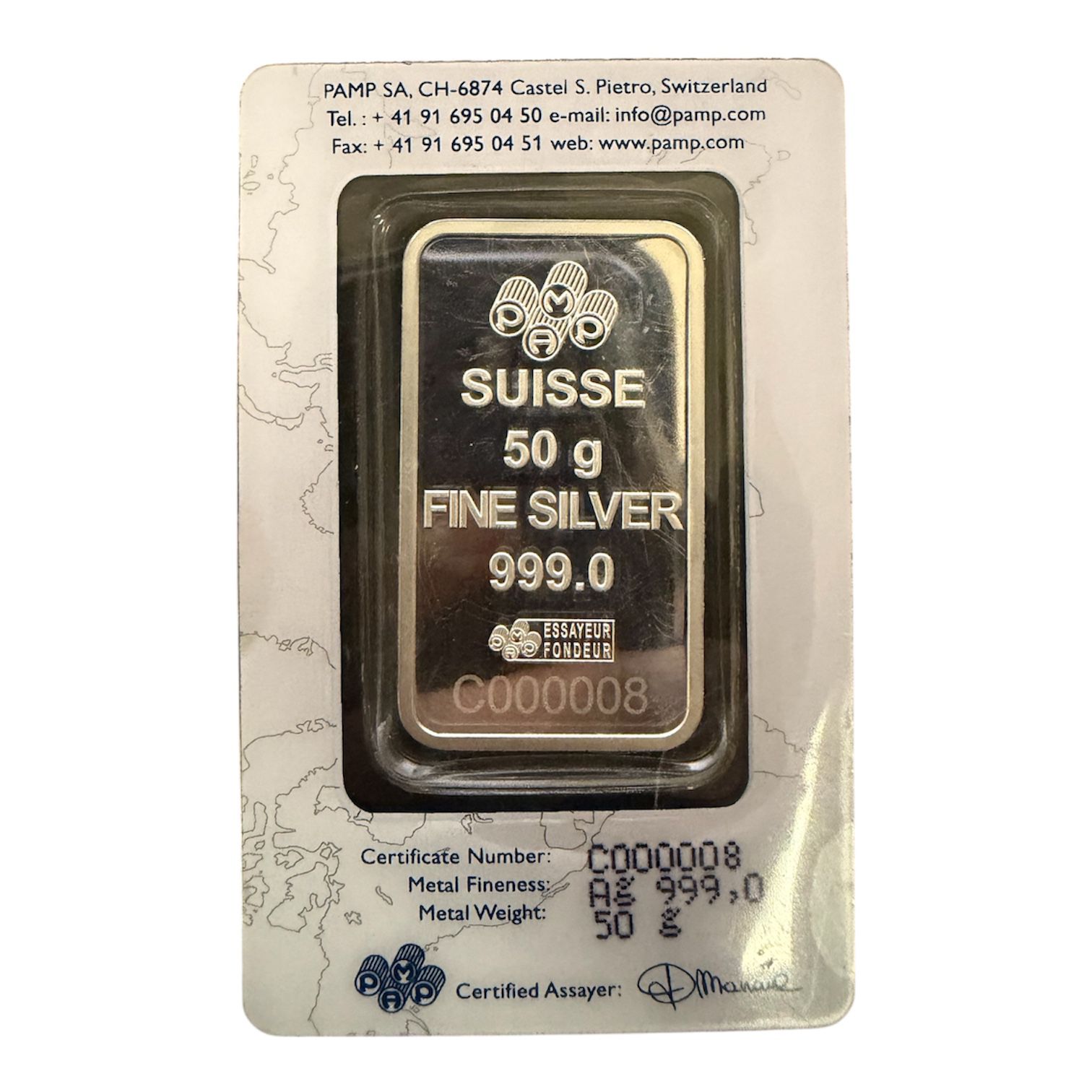 Picture of PAMP Suisse Lady Fortuna 50 Gram Silver Bar – Serial # C000008 (Very Low Serial)