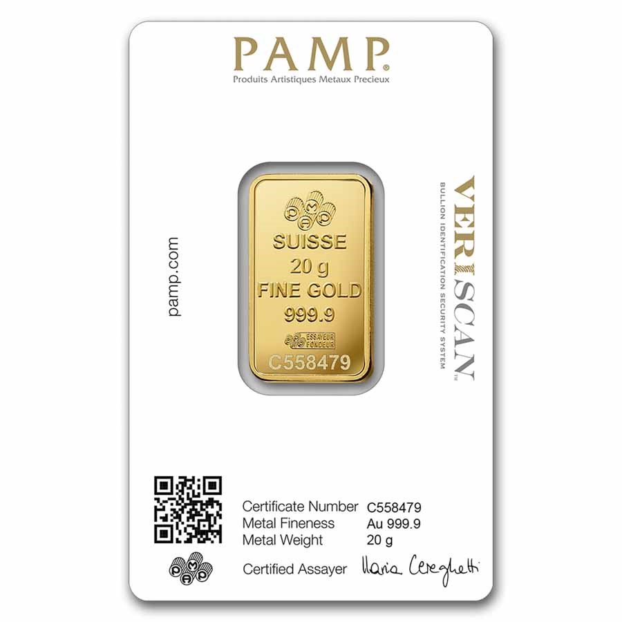 Picture of Pamp Suisse Lady Fortuna 20 Gram Gold Bar - Large Assay Card