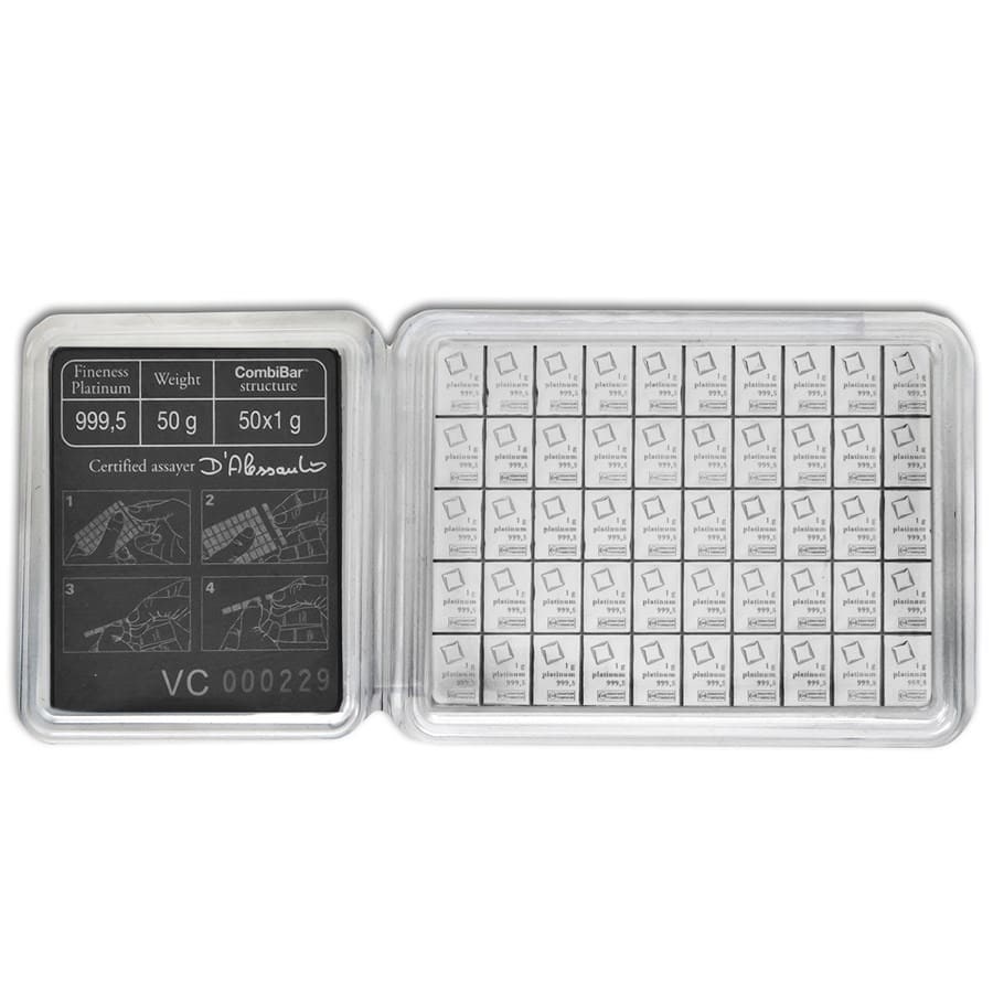 Picture of  Valcambi 50x1 Gram Platinum CombiBar (50 Gram Total) - In Assay Card