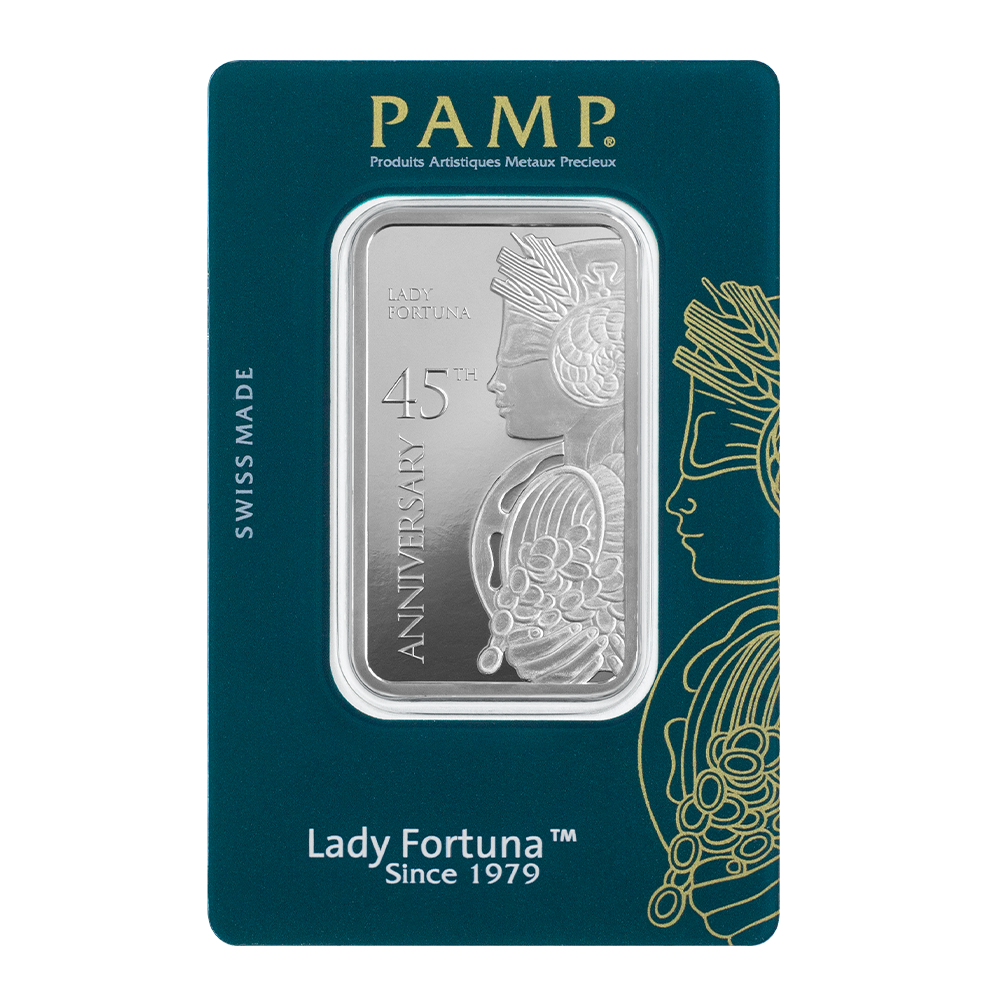 Picture of Pamp Suisse Lady Fortuna 45th Anniversary 1 oz Silver Bar - In Assay