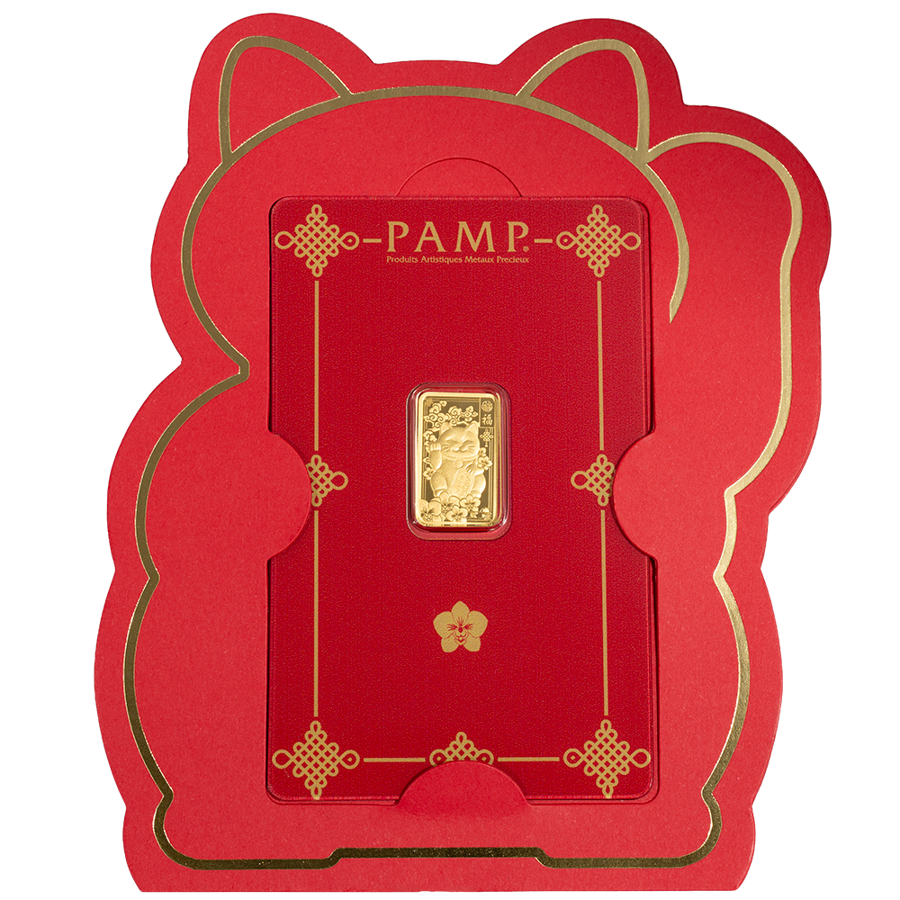 Picture of Pamp Suisse Lucky Cat 2.5 Gram Gold Bar - w/ Assay & Sleeve