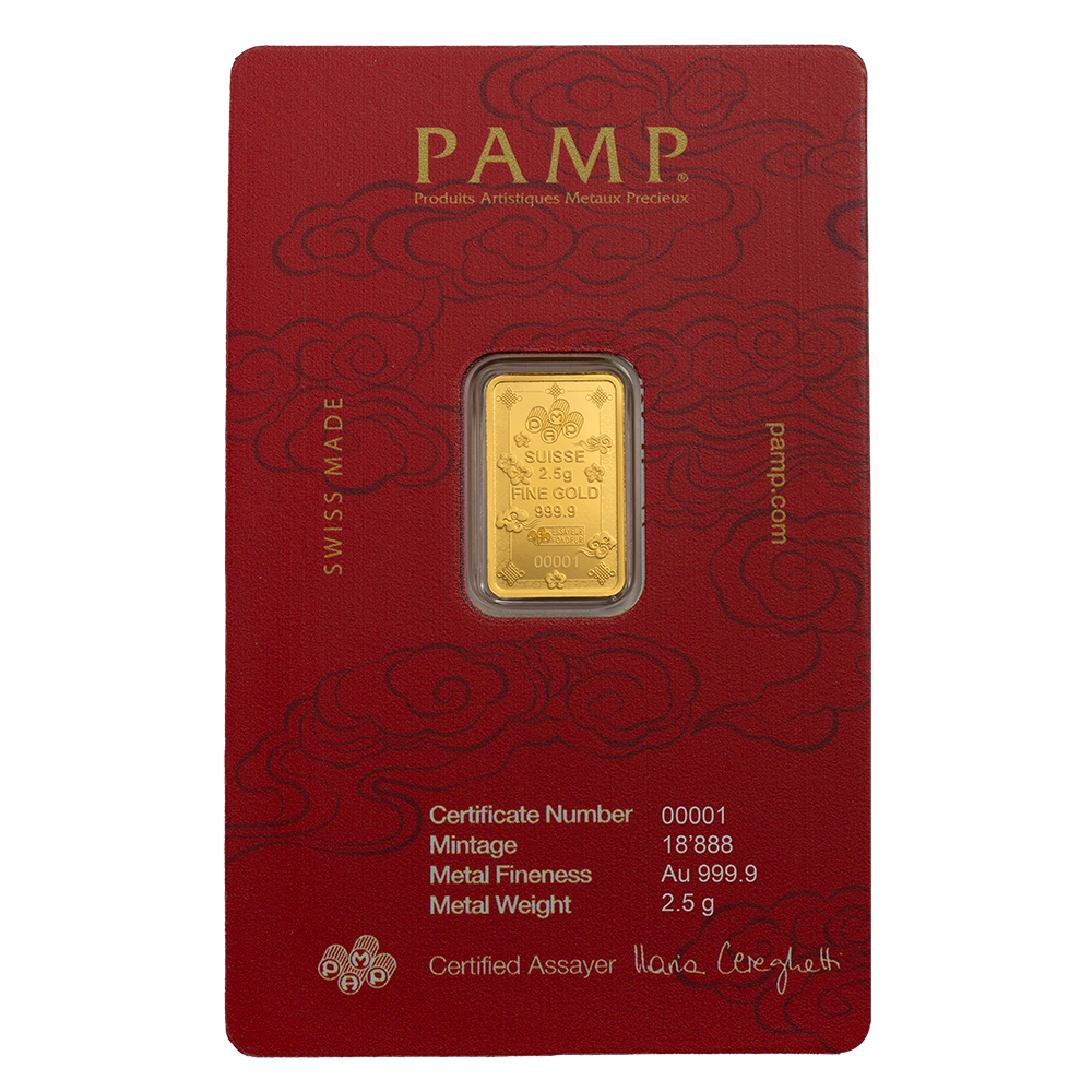 Picture of Pamp Suisse Lucky Cat 2.5 Gram Gold Bar - w/ Assay & Sleeve
