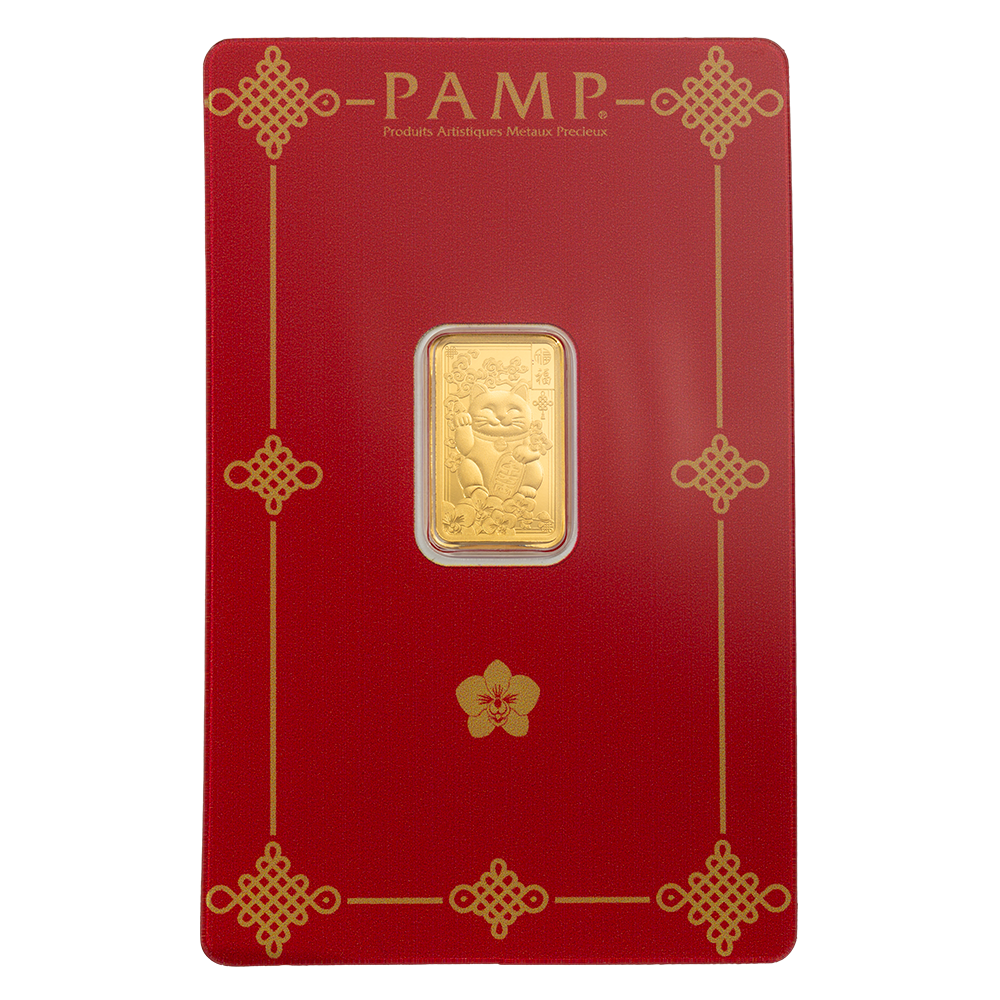Picture of Pamp Suisse Lucky Cat 2.5 Gram Gold Bar - w/ Assay & Sleeve