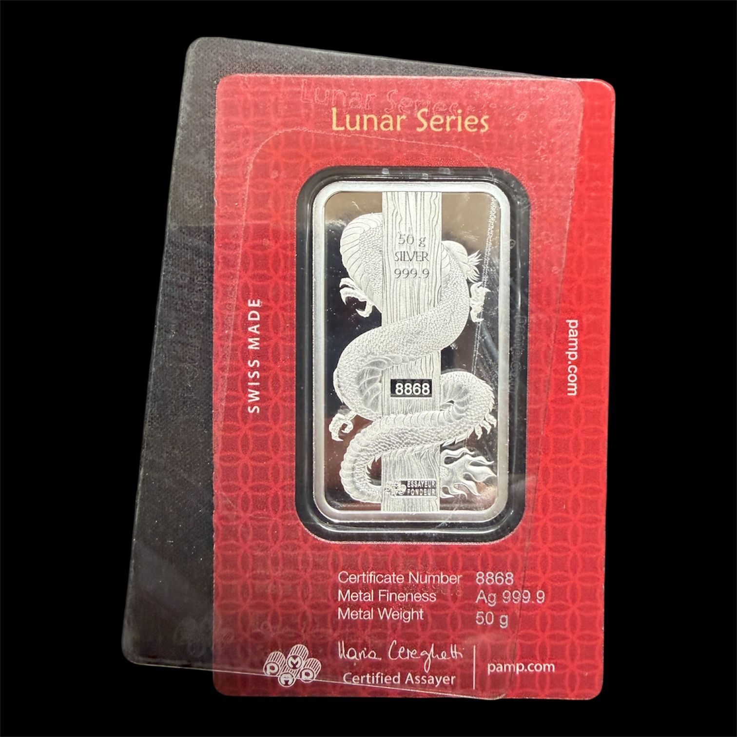 Picture of 2024 PAMP Lunar Dragon 50g Silver Bar In Assay(Deformed Back Plastic)