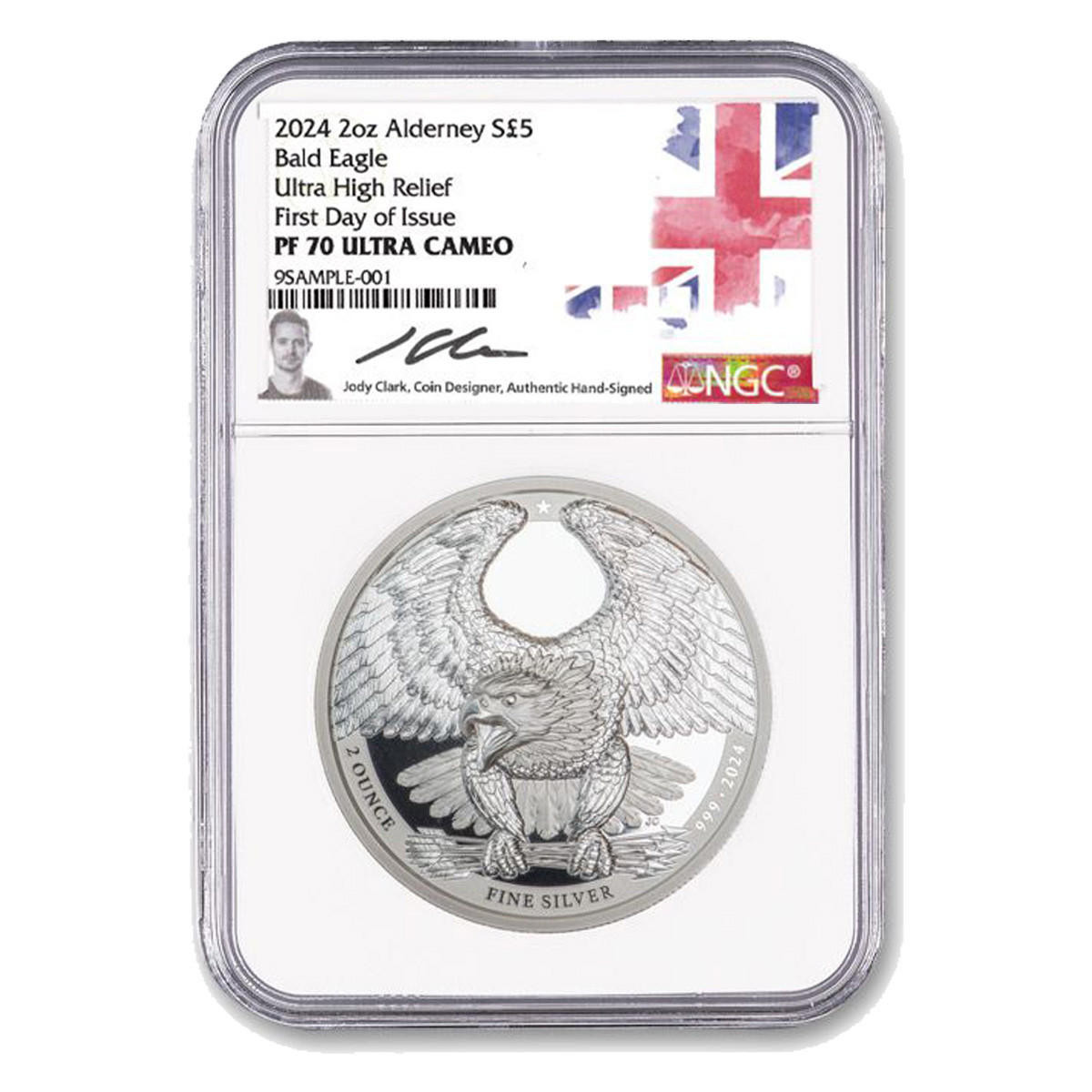 Picture of 2024 Alderney Bald Eagle 2oz Silver Proof NGC PF70 UHR FDOI Jody Clark Signed