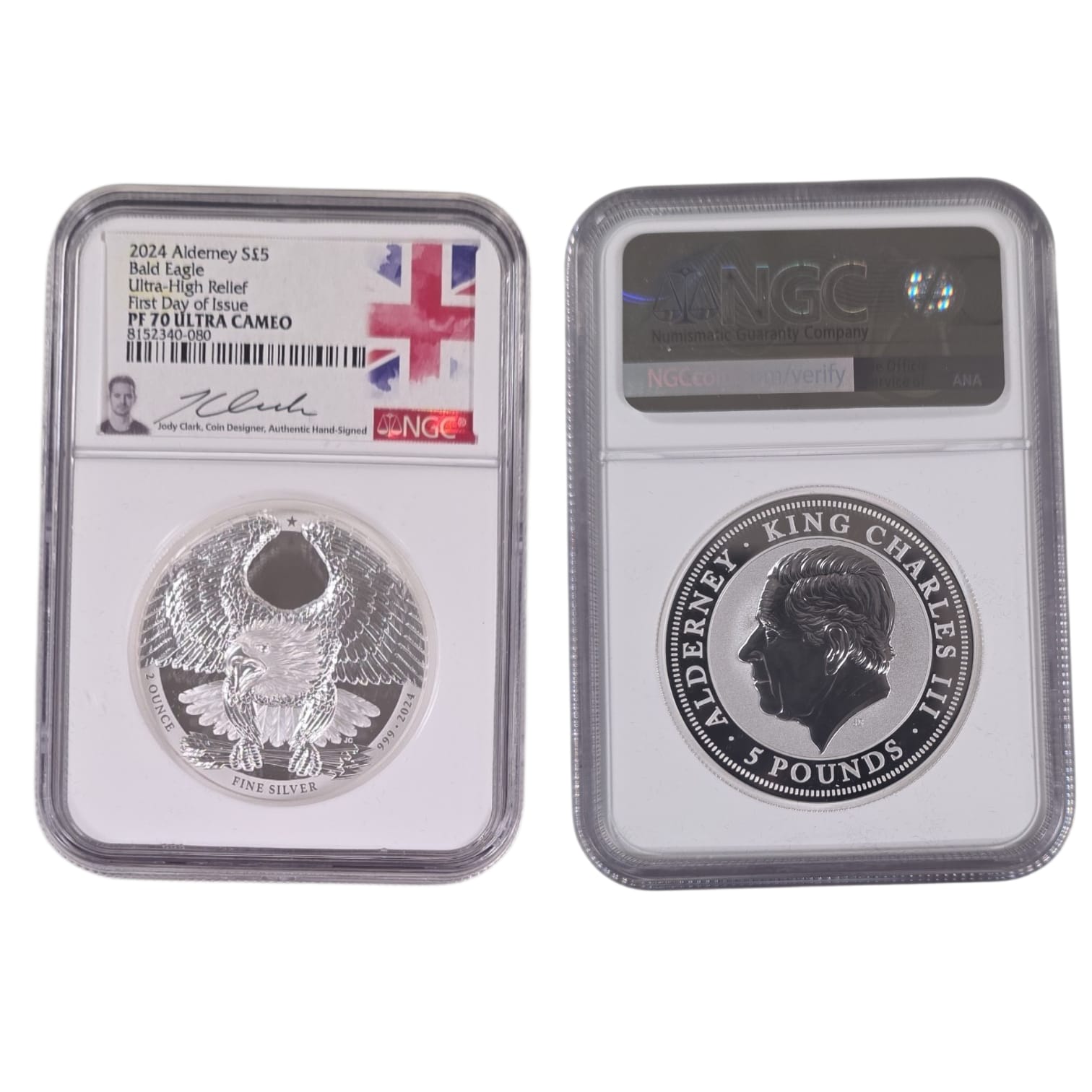 Picture of 2024 Alderney Bald Eagle 2oz Silver Proof NGC PF70 UHR FDOI Jody Clark Signed