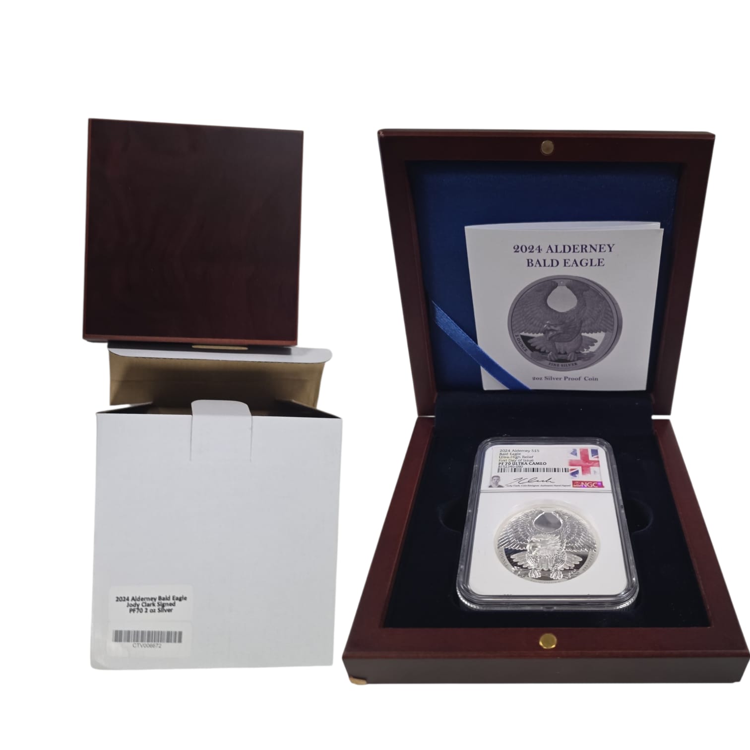 Picture of 2024 Alderney Bald Eagle 2oz Silver Proof NGC PF70 UHR FDOI Jody Clark Signed