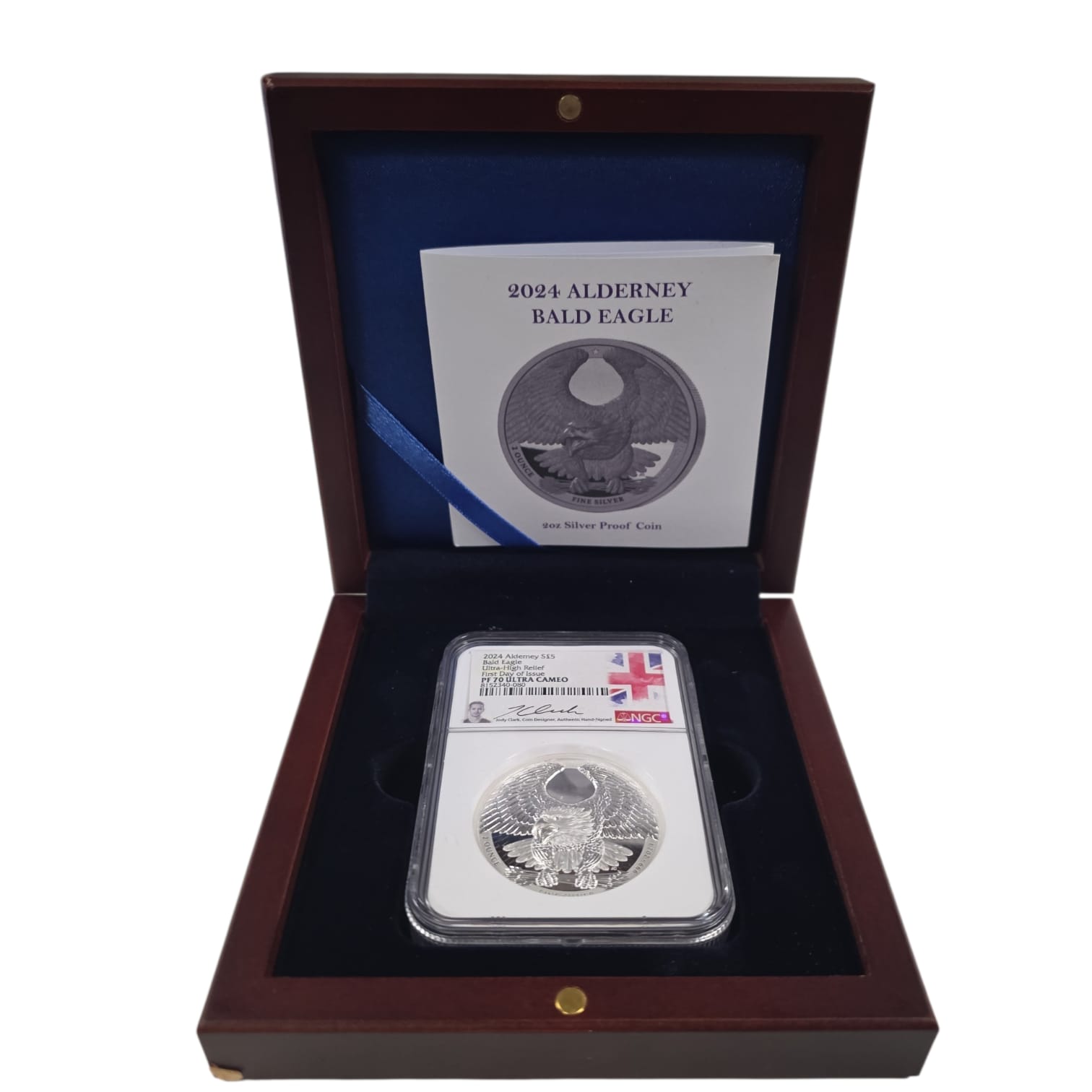 Picture of 2024 Alderney Bald Eagle 2oz Silver Proof NGC PF70 UHR FDOI Jody Clark Signed