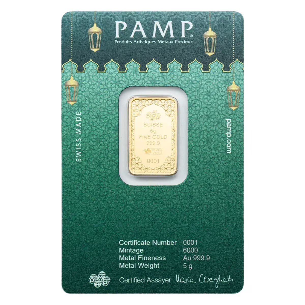 Picture of Pamp Suisse Eid Mubarak 5 Gram Gold Bar in Assay w/ Sleeve