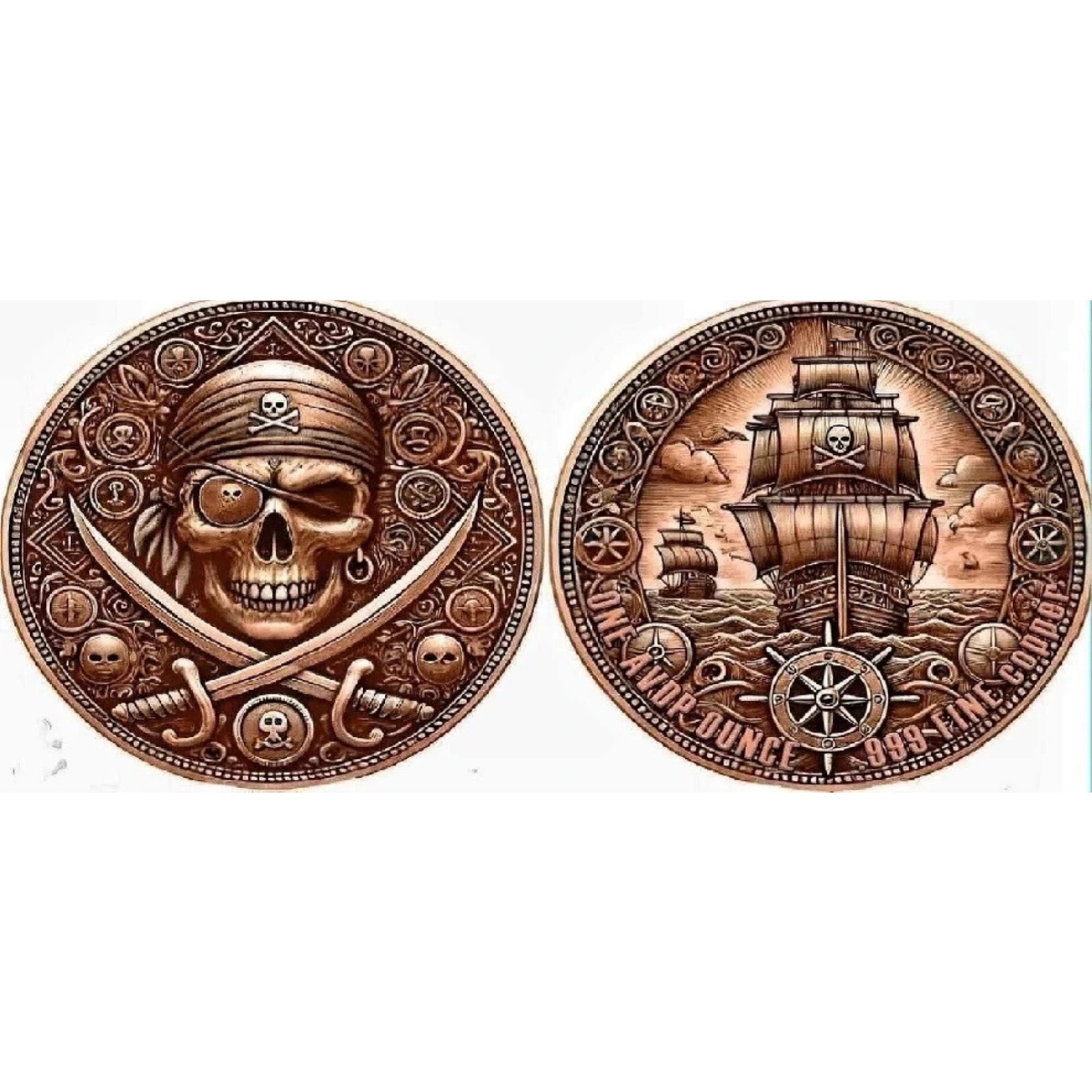 Picture of (Tube of 20) Pirate Ship Skull & Crossbones Finish 1 oz Antiqued Copper Round