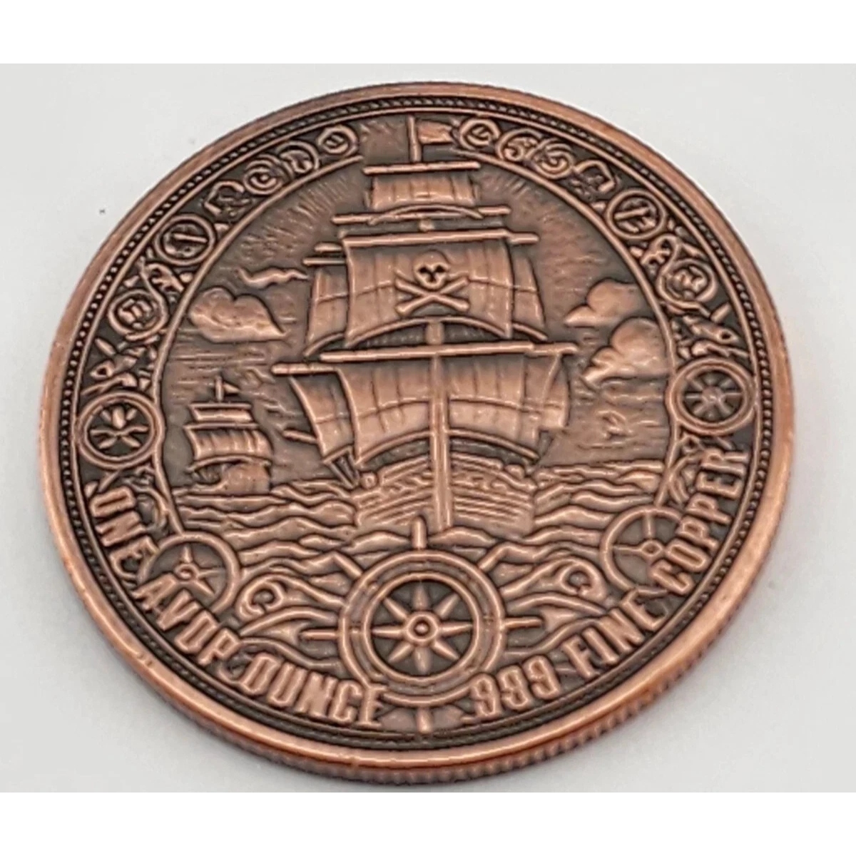 Picture of (Tube of 20) Pirate Ship Skull & Crossbones Finish 1 oz Antiqued Copper Round