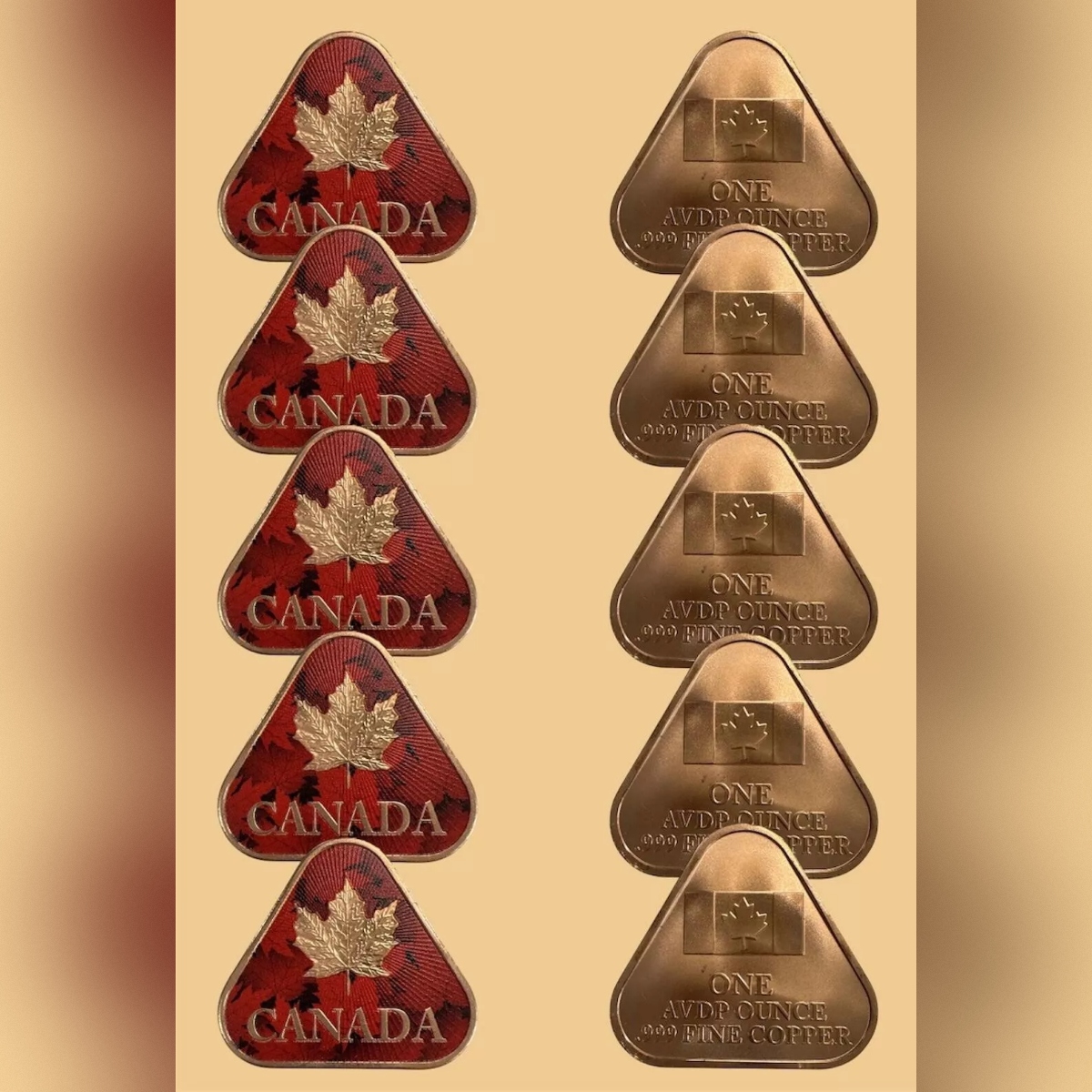 Picture of (Lot of 10) Canadian Maple Leaf Triangular 1 oz Colorized Copper Round