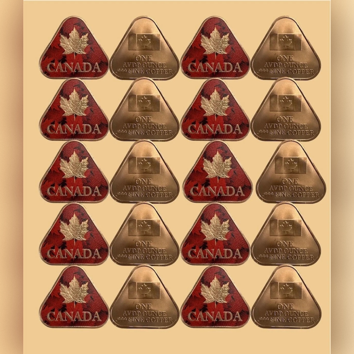 Picture of (Lot of 20) Canadian Maple Leaf Triangular 1 oz Colorized Copper
