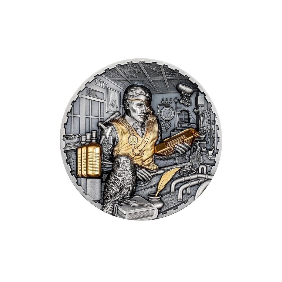 Picture of 2023 Cook Islands Steampunk Science Lab 3oz Antique Gilded Silver Coin - 30448 