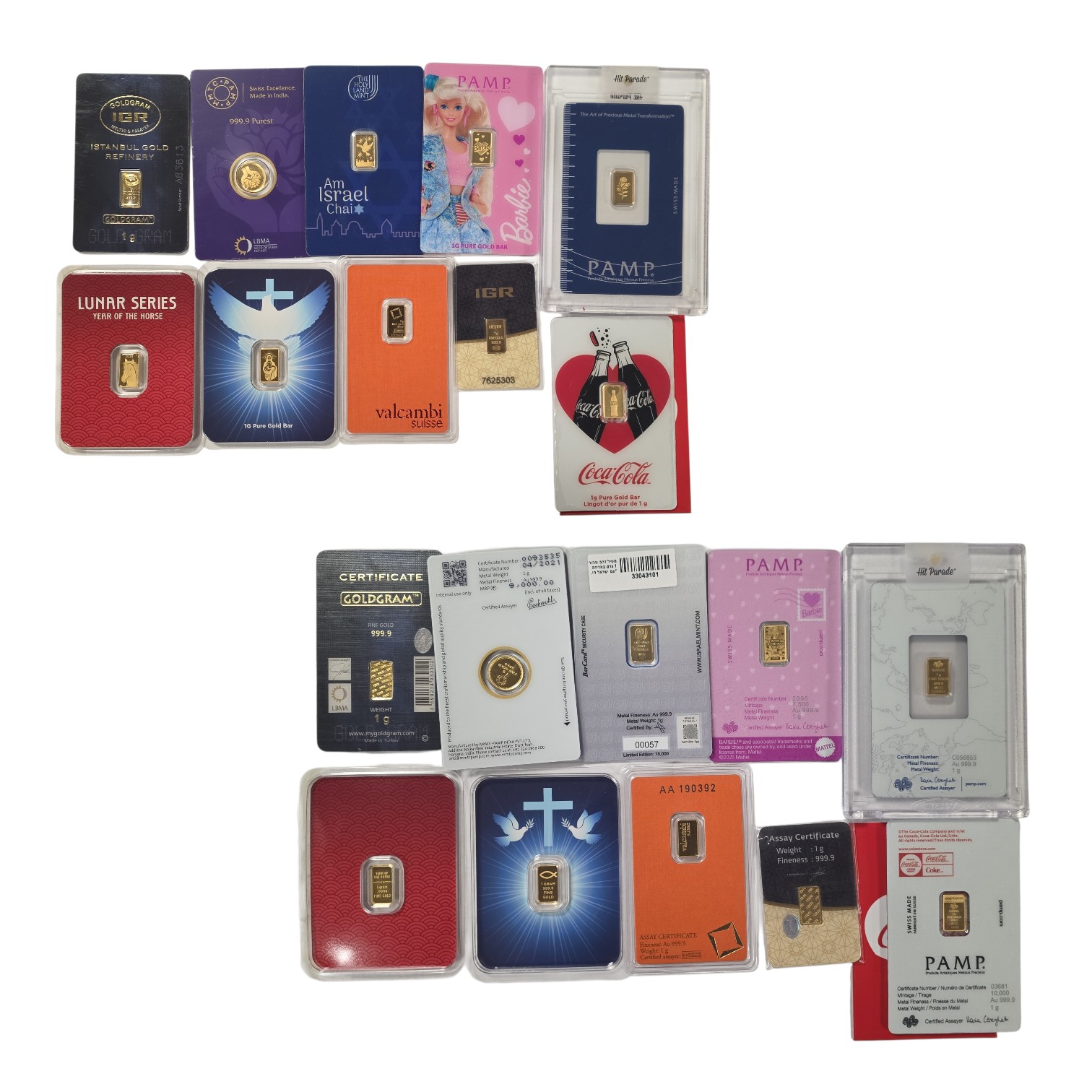 Picture of 10x 1g Gold Bars Random Mint Assorted Collection .9999 Fine Gold in Assay