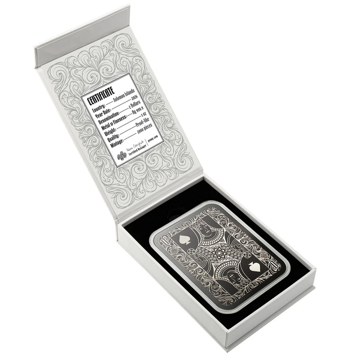 Picture of 2026 PAMP Queen of Spades Shaped 1 Oz Silver Coin Serial #888