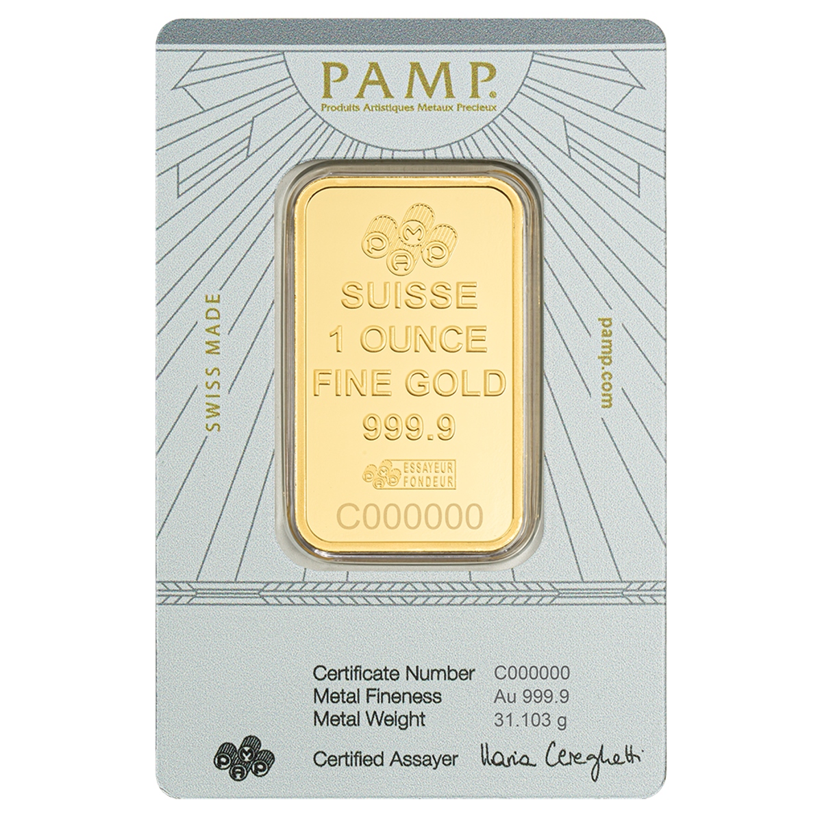 Picture of Pamp Suisse Lady of Justice 1 oz Gold Bar - In Assay Card