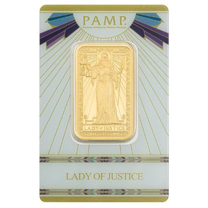 Picture of Pamp Suisse Lady of Justice 1 oz Gold Bar - In Assay Card