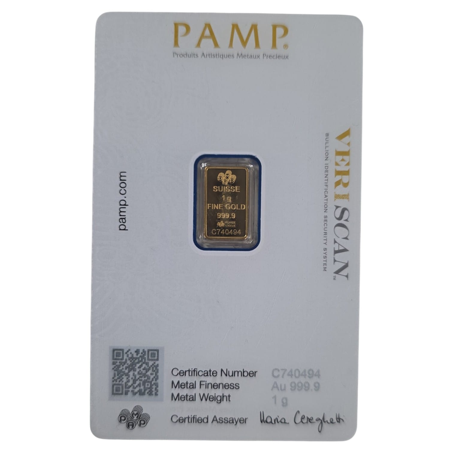 Picture of  PAMP Suisse Lady Fortuna Veriscan®  1 Gram Gold Bar - In Assay