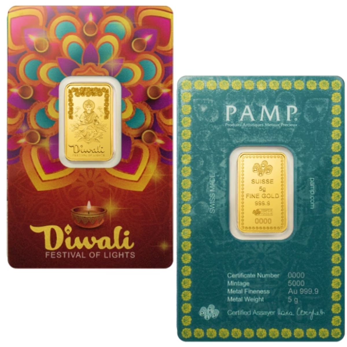 Picture of Pamp Sussie Diwali Lakshmi & Rangoli 5 Gram Gold Bar - In Assay Card