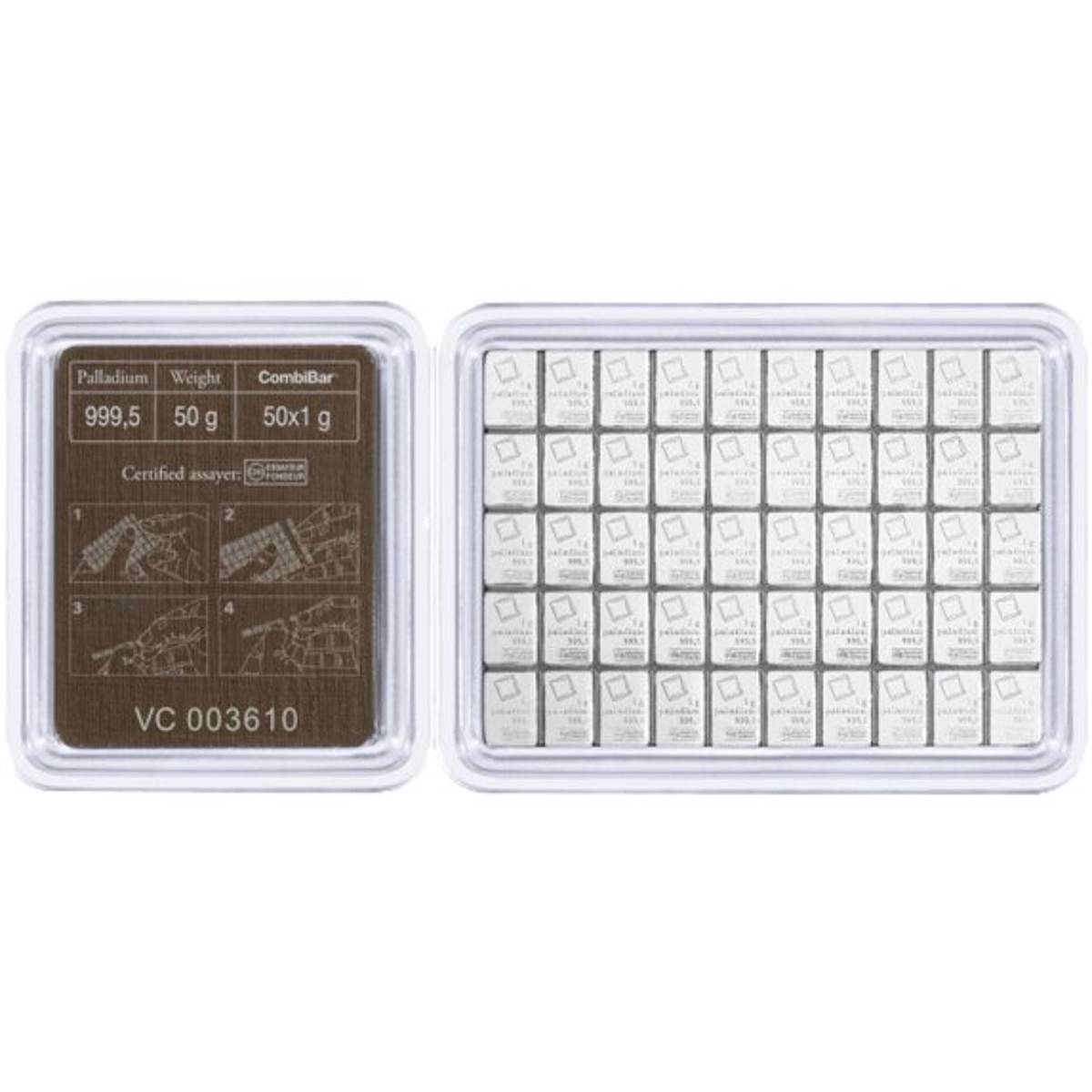 Picture of Valcambi 50x1 Gram Palladium Bar CombiBar (50 Gram Total) - In Assay Card