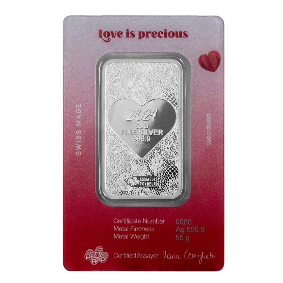 Picture of 2024 Pamp Love is Precious Heart Holographic 50 Gram Silver Bar - In Assay