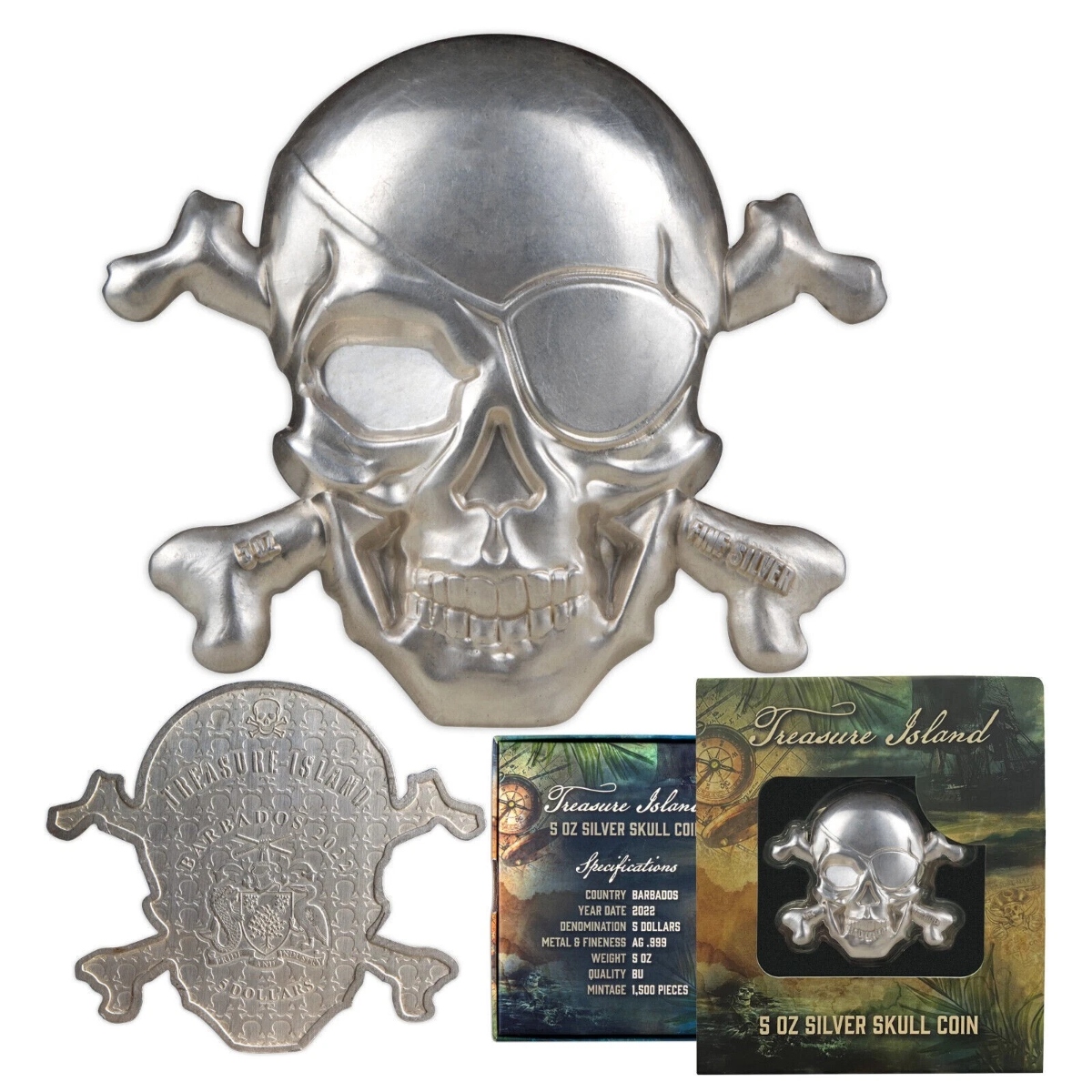 Picture of 2022 Treasure Island Pirate Skull & Cross Bones 5 oz Silver Coin - In Capsule